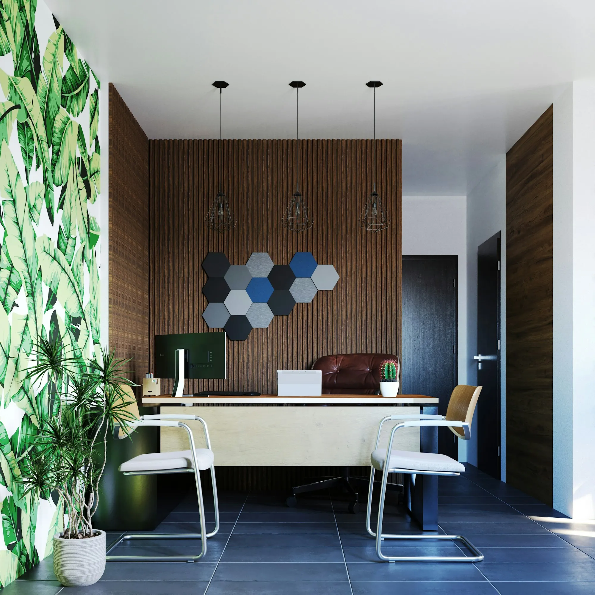 A small office with a desk, chairs and a plant